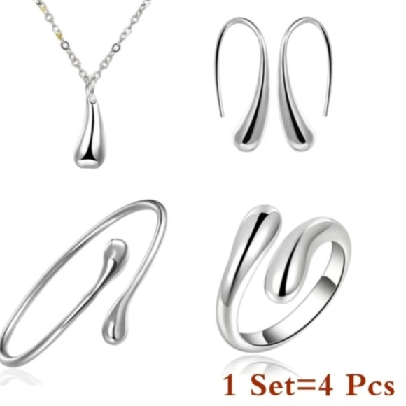 STERLING SILVER Water Drop Bean Jewelry Set Earrings Ring Bracelet Pendant Chain - Picture 5 of 11